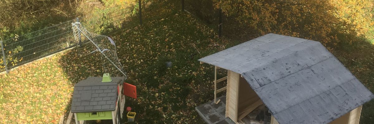 Ein herbstlich in Sonne getauchter Garten mit Laub und Bäumen und hölzernen Gartenhäuschen